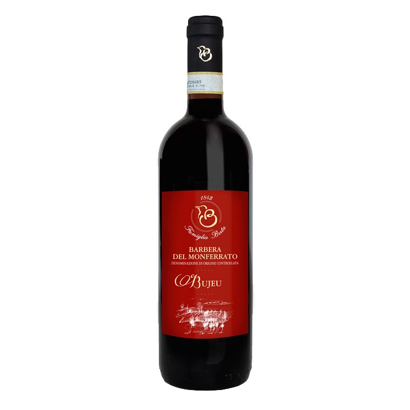 Red wine bottle BARBERA DEL MONFERRATO DOC BUJEU from Piemonte in Italy